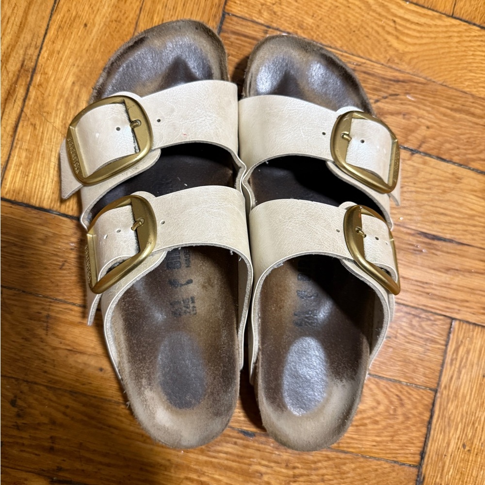 Birkenstock Beige Sandals with Gold Buckles